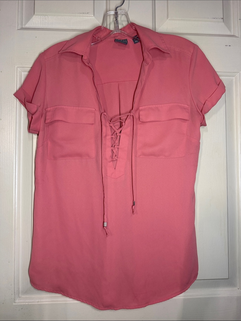 Women's Coral Pink Lace-Up Pocket Blouse